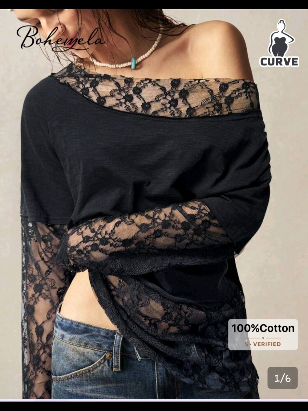 Boheme Black Lace Off-Shoulder Tunic Top